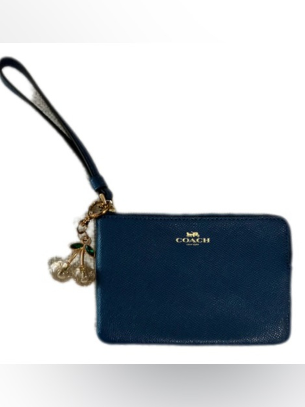 Coach EUC Navy Corner Zip Leather Wallet Wristlet w/ unbranded  Cherry Charm